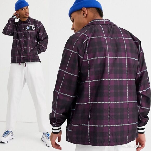 Champion Coaches jacket with ribbed cuffs in plaid purple - Picture 2 of 11